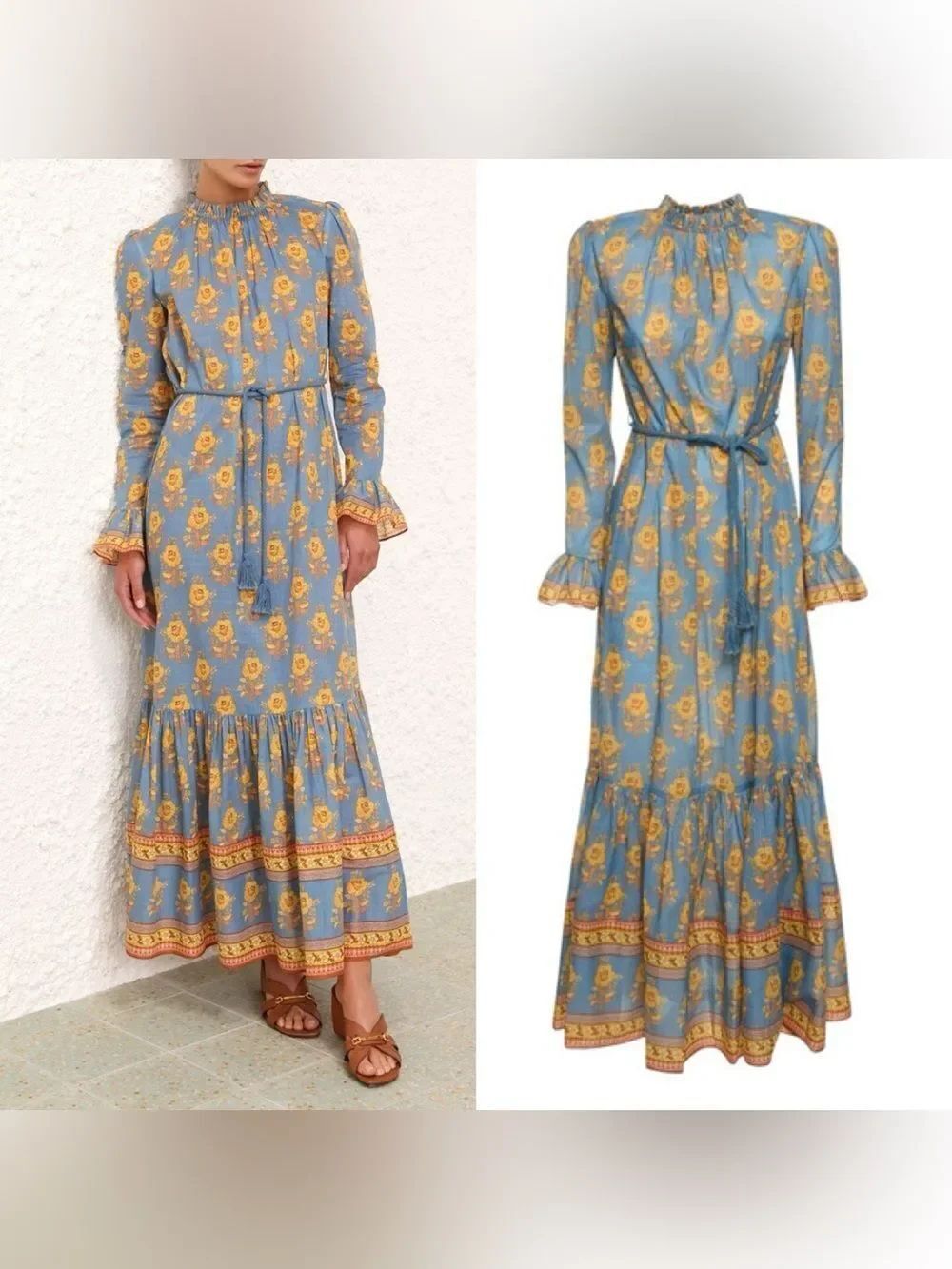NWT Zimmermann JUNIE FRILL MIDI DRESS in Blue Yellow floral